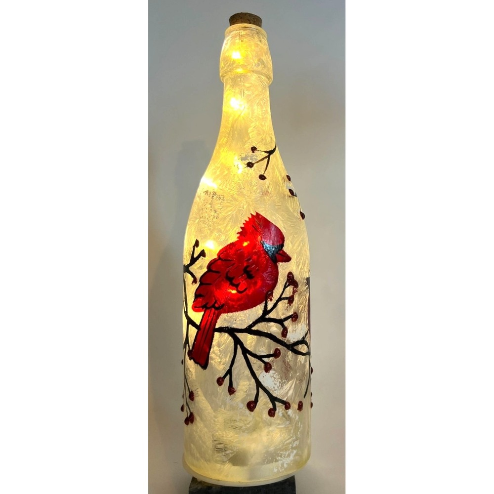 Hand Painted Bottle LED‎ Starry Lights Winter Cardinal Scene Red Bird Christmas